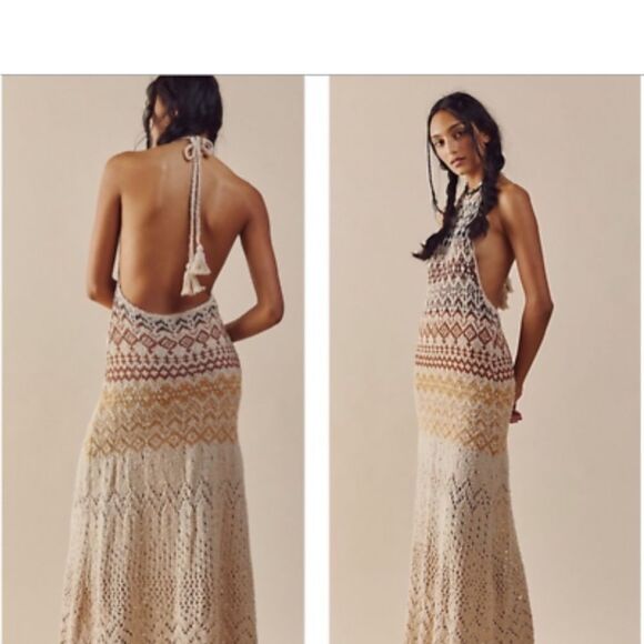 Free People Ikat Oasis Maxi Dress Halter Crochet 
Knit buckles size M NWT - Picture 3 of 12